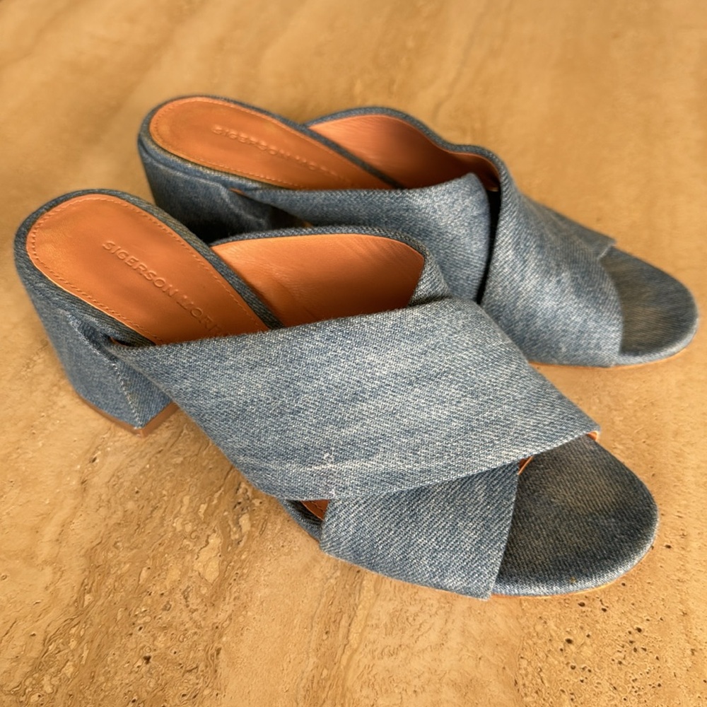Sigerson Morrison Rhoda Blue Denim Criss Cross Sandals size 6.5